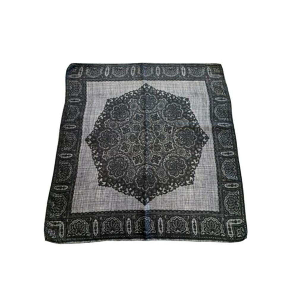 "BY DAMON" Black/Gray 100%‎ Silk Ornate Handkerchief Hand Rolled Scarf Accessory